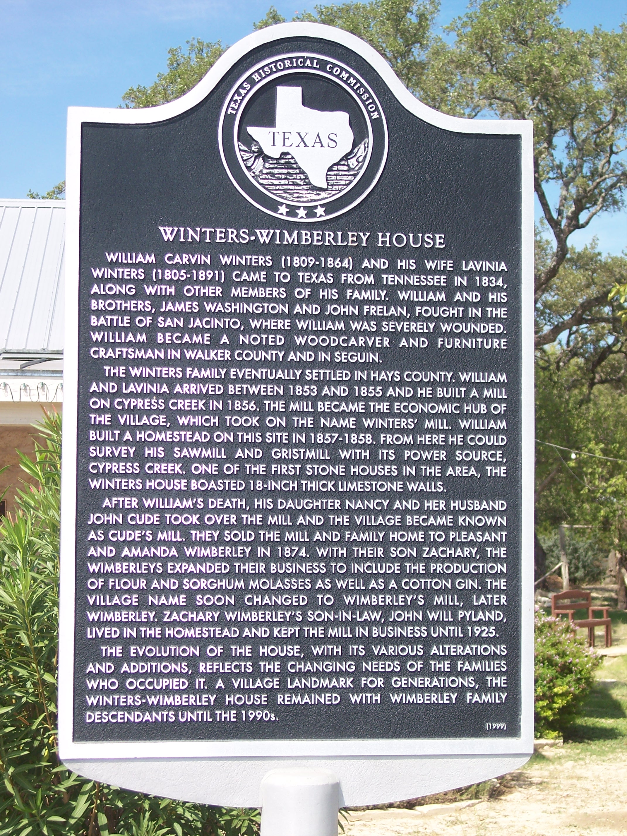 Historical Marker for the Winters Wimberley House